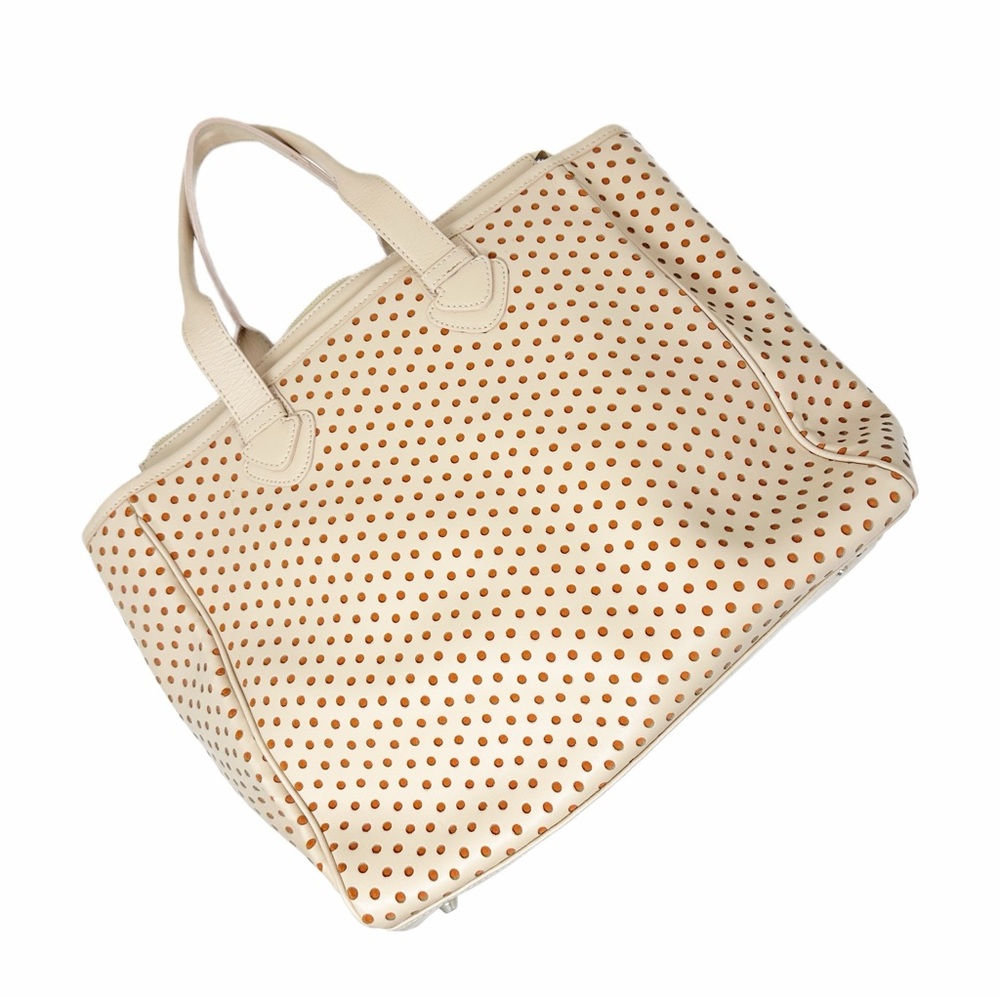 Leather Alberta Di Canio Italian Tote Bag Natural Tone Perforated Orange Detail - Picture 2 of 8